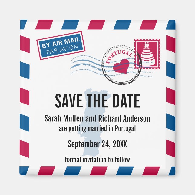 PORTUGAL Air Mail Wedding Save the Date Magnet (Front)