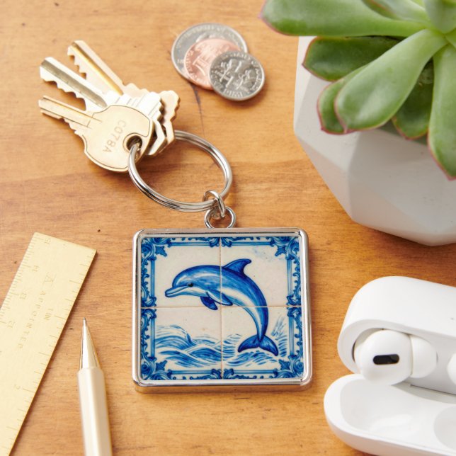 Portugal Azulejo Dolphin Ceramic Tile Style Keycha Key Ring (Desk)