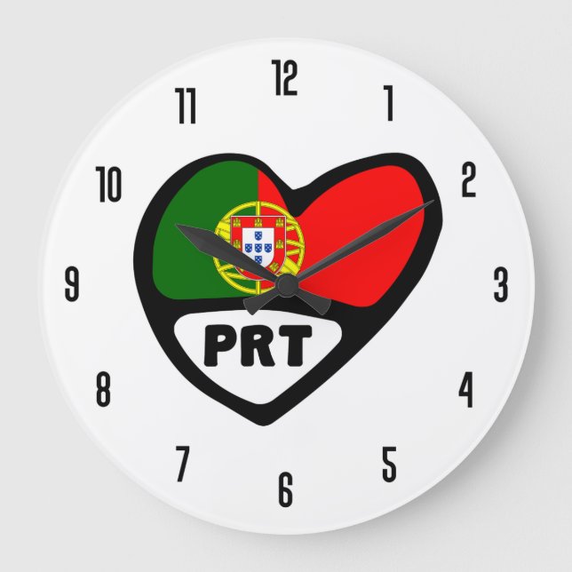 Portugal Country Code PRT Flag Heart Large Clock (Front)
