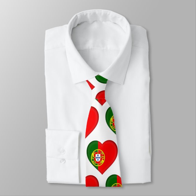 Portugal Flag Colours Heart Pattern Neck Tie (Tied)