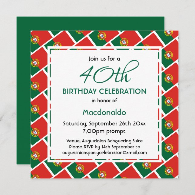 PORTUGAL FLAG Custom ANY AGE Birthday Invitation (Front/Back)