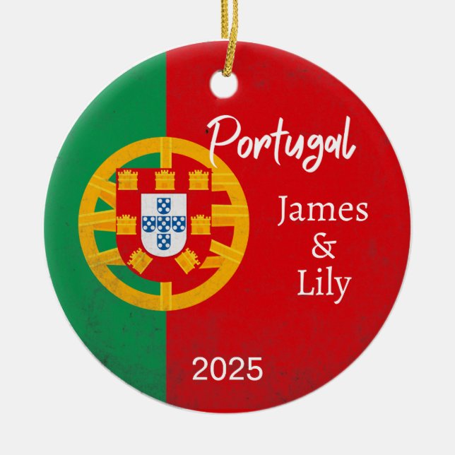 Portugal Flag Ornament, Personalised Portugal Ceramic Tree Decoration (Front)