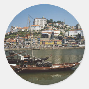 Portugal, Porto, Boat With Wine Barrels Classic Round Sticker