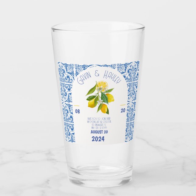 Portugal Wedding Glass | Blue Tiles and Lemons Ele (Front)