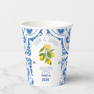 Portugal Wedding Paper Cups Blue Tiles and Lemon