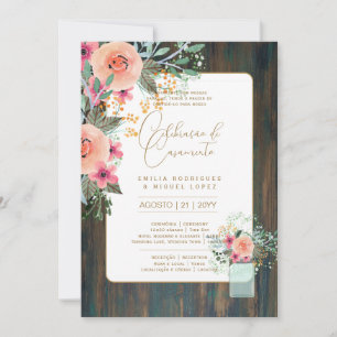 Portugeuse Casamento Flores Folclóricas Rústica Invitation