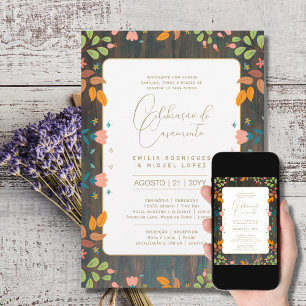 Portugeuse Casamento Flores Folclóricas Rústica Invitation