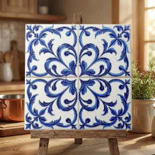Portuguese Azulejo Blue and White Floral Scroll Tile