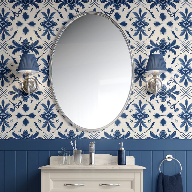 Portuguese Azulejo Elegance - Blue and Off-White Wallpaper ( Portuguese Azulejo Elegance - Blue and Off-White - Traditional Style Peel and Stick Wallpaper)