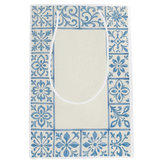 Portuguese Azulejo tile blue stationary design Medium Gift Bag (Front)