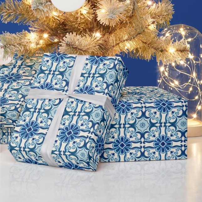 Portuguese Azulejos Blue Floral Pattern Wrapping Paper (Holidays)