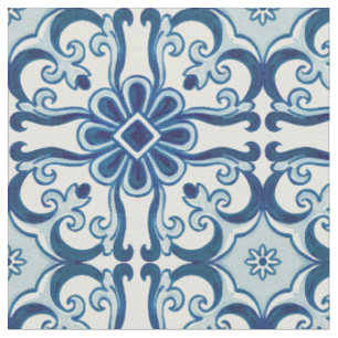 Portuguese Azulejos Blue Floral Tile Pattern Fabric