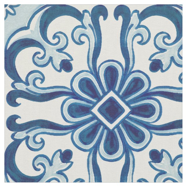 Portuguese Azulejos Blue Floral Tile Pattern Fabric (Close Up)
