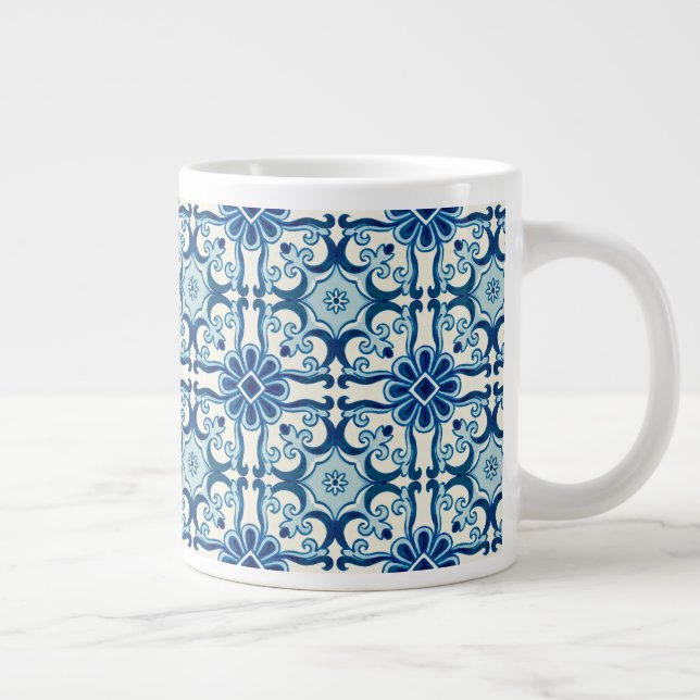 Portuguese Azulejos Blue Floral Tile Pattern Large Coffee Mug (Right)