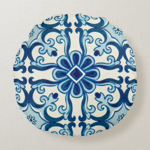 Portuguese Azulejos Blue Floral Tile Pattern   Round Cushion