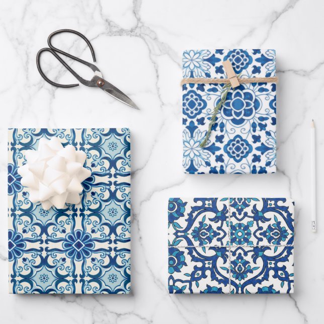 Portuguese Azulejos Blue Floral Tile Pattern Wrapping Paper Sheet (Front)