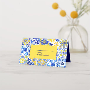 Portuguese Azulejos Tile Blue Yellow Wedding Place Card