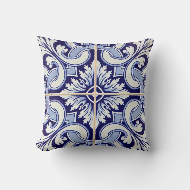 Portuguese Azulejos Tile Patio pillow blue (Front)