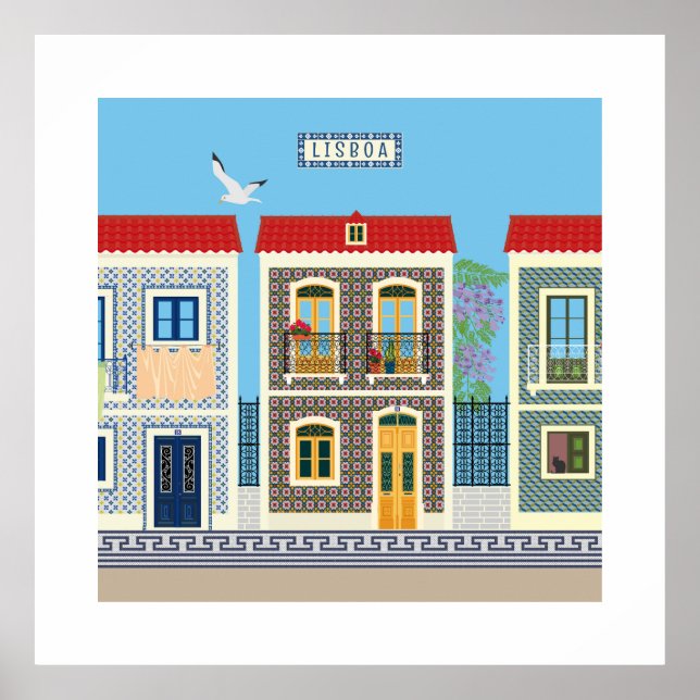 Portuguese beautiful houses with tiles or azulejos poster (Front)