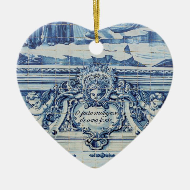 Portuguese blue and white wall tiles with angels ceramic tree decoration (Front)