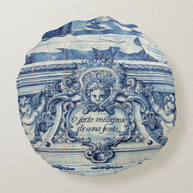 Portuguese blue and white wall tiles with angels round cushion (Back)