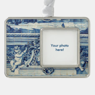 Portuguese blue and white wall tiles with angels silver plated framed ornament