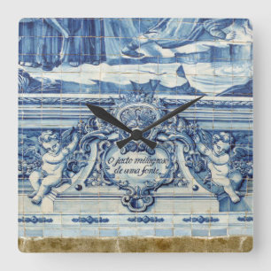 Portuguese blue and white wall tiles with angels square wall clock