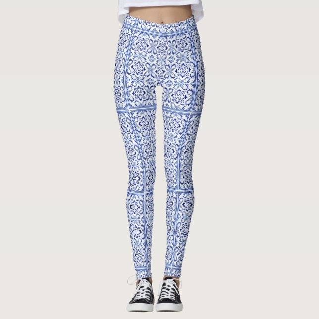 Portuguese Blue Azulejo Tile Art Leggings (Front)