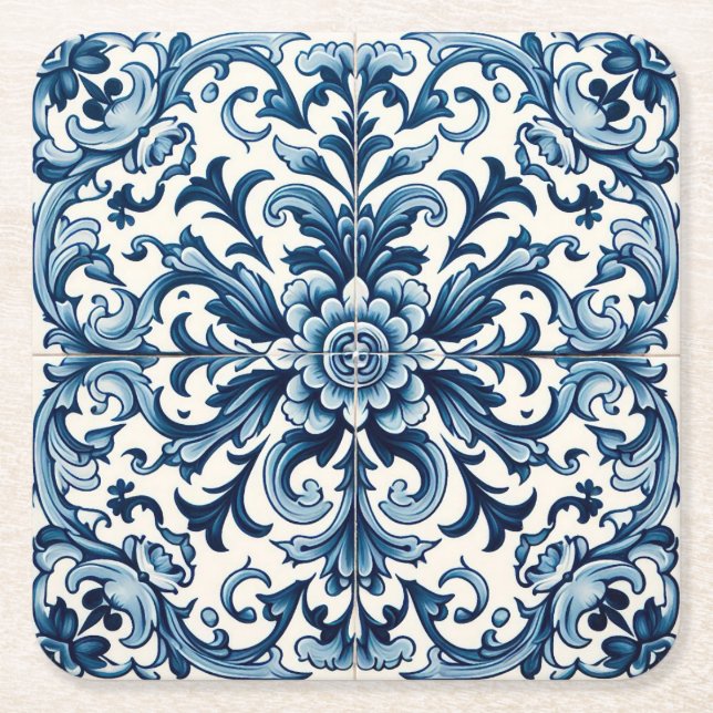 Portuguese blue tile square paper coaster (Front)