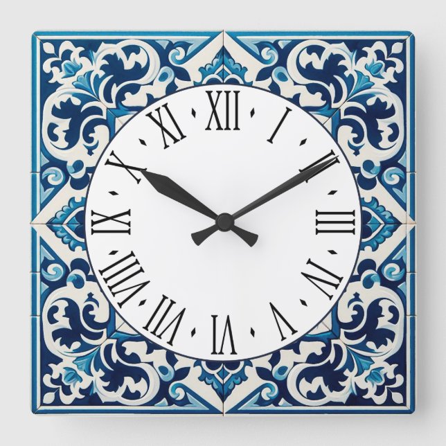 Portuguese blue tile square wall clock (Front)