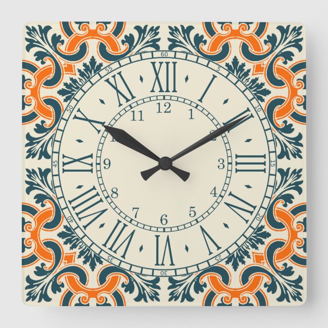 Portuguese blue tile square wall clock (Front)