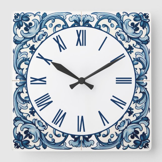 Portuguese blue tile square wall clock (Front)