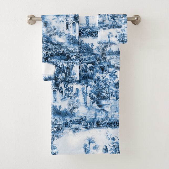 Portuguese blue tiles romantic scene pattern bath towel set (Insitu)