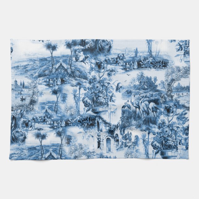 Portuguese blue tiles romantic scene pattern tea towel (Horizontal)
