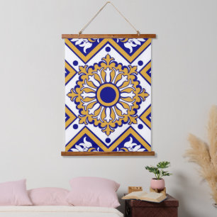 Portuguese Blue Yellow Mediterranean Floral  Hanging Tapestry
