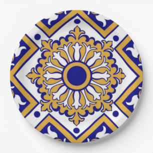 Portuguese Blue Yellow Mediterranean Floral Paper Plate