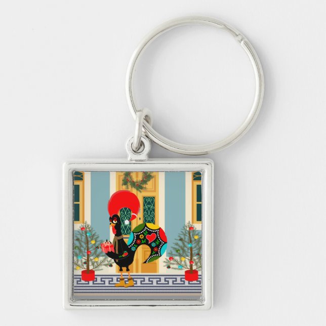 Portuguese Christmas decorated house with Rooster  Key Ring (Front)