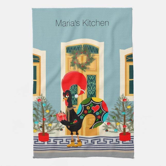 Portuguese Christmas decorated house with Rooster  Tea Towel (Vertical)