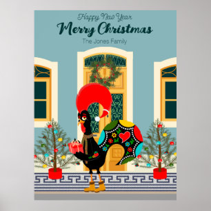 Portuguese Christmas house with Rooster Greetings Poster