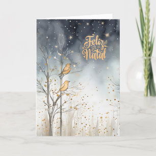 Portuguese Christmas Winter Forest Wild Birds Navy Holiday Card