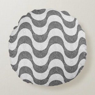 Portuguese cobblestone black and white waves  round cushion
