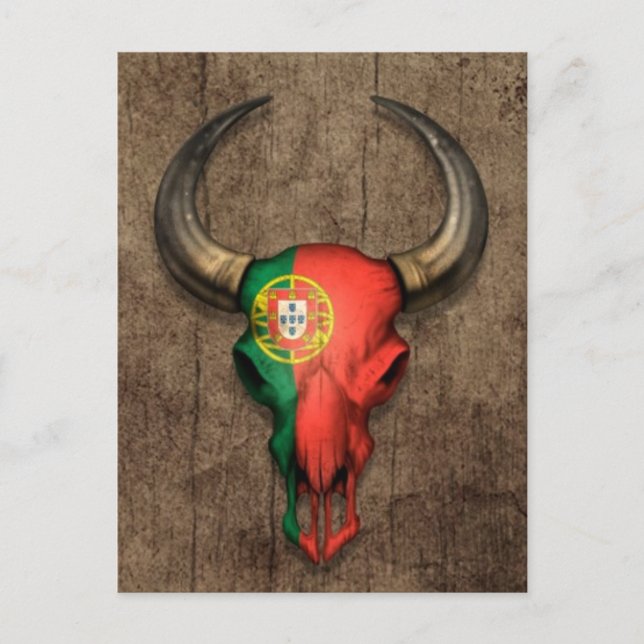 Portuguese Flag Bull Skull on Wood Effect Postcard (Front)