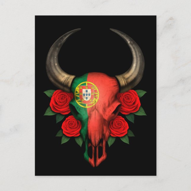 Portuguese Flag Bull Skull with Red Roses Postcard (Front)