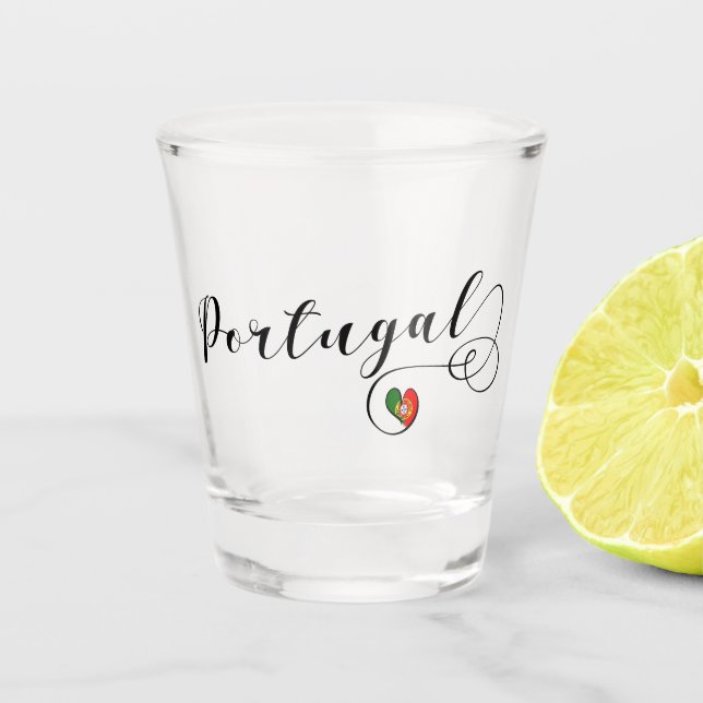 Portuguese Flag Heart, Portugal Script Design Shot Glass (Front)
