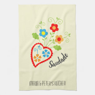 Portuguese folk heart with saudade word tea towel