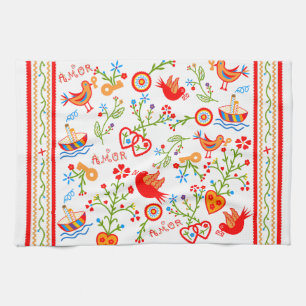 Portuguese folk lovers handkerchiefs pattern   tea towel