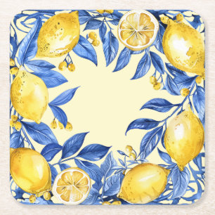 Portuguese Lemons on Blue Square Paper Coaster