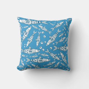Portuguese Lisbon Sardines Pattern Azulejos Blue Cushion