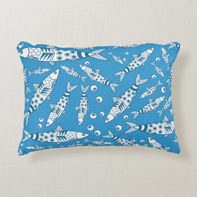 Portuguese Lisbon Sardines Pattern Azulejos Blue Decorative Cushion (Front)
