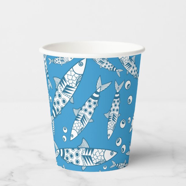 Portuguese Lisbon Sardines Pattern Azulejos Blue Paper Cups (Front)